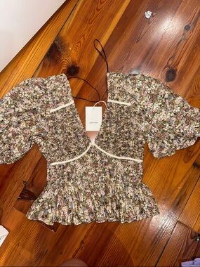 AUREUM Floral Puff-Sleeve Peplum Top in Pink, Green & Cream